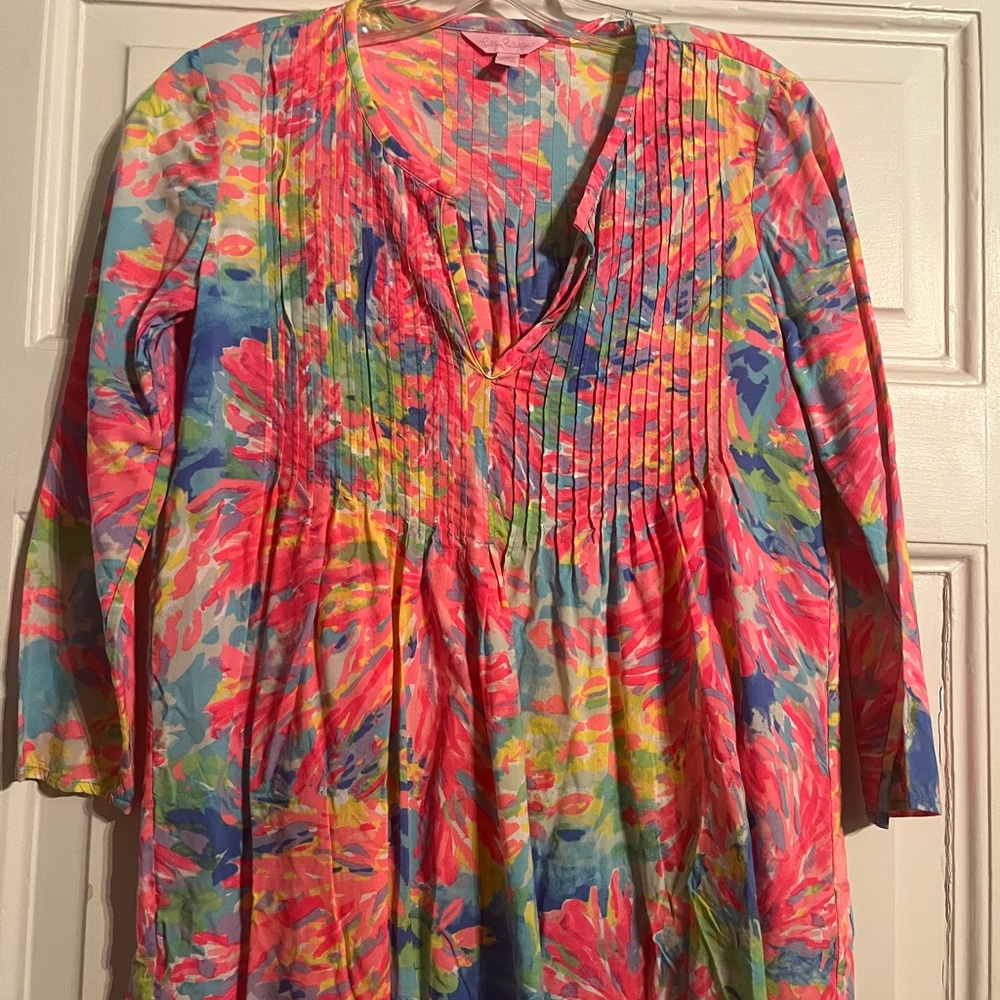 Lilly Pulitzer Pink Multi Floral Pintuck Tunic